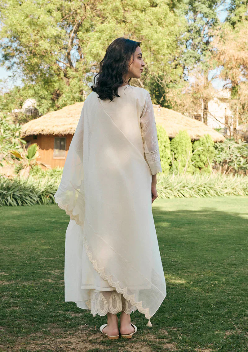 Cotton Embroidery V-neck Ecru Kurta Set