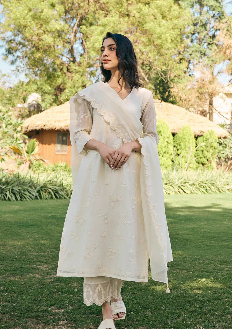 Cotton Embroidery V-neck Ecru Kurta Set