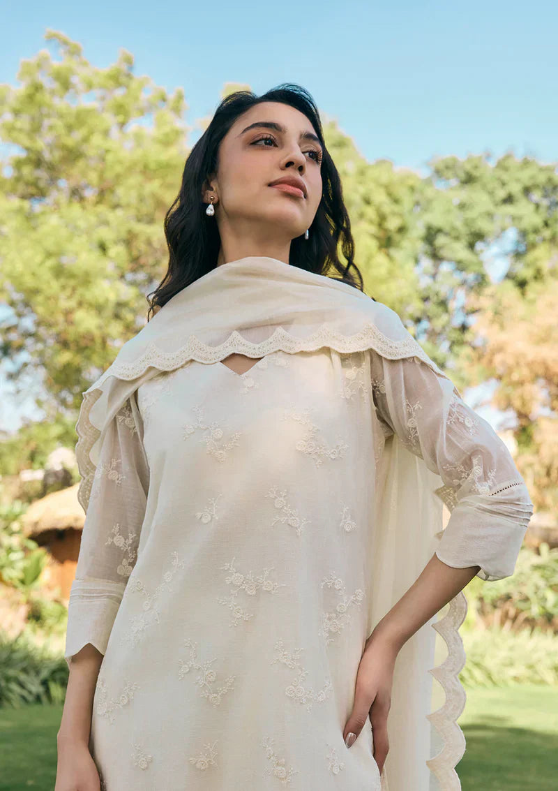 Cotton Embroidery V-neck Ecru Kurta Set