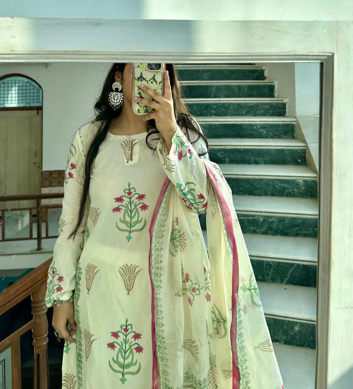 White saffron Chanderi set