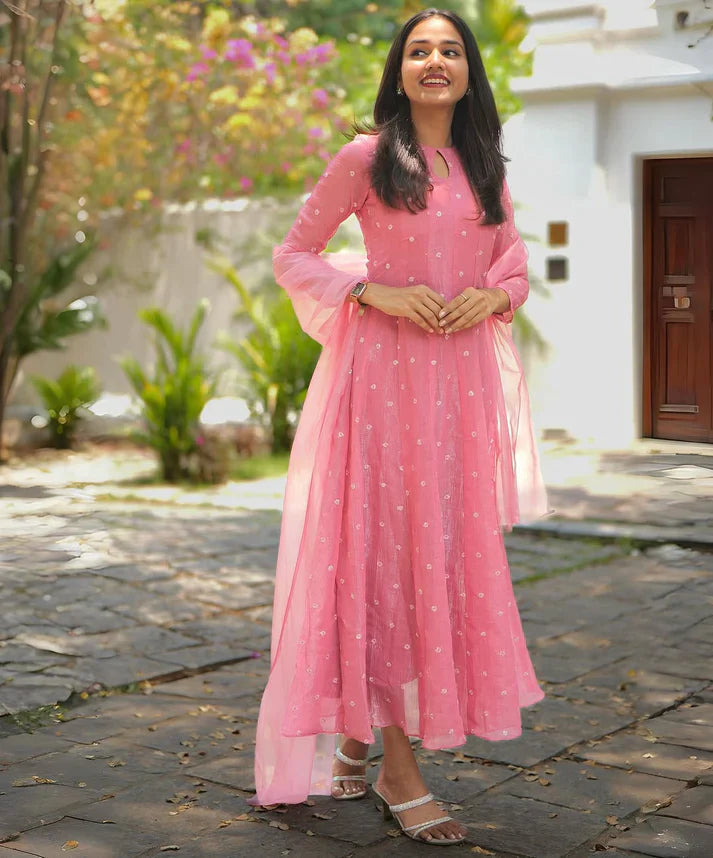 Pink Tafeta Silk Kali Cut Maxi