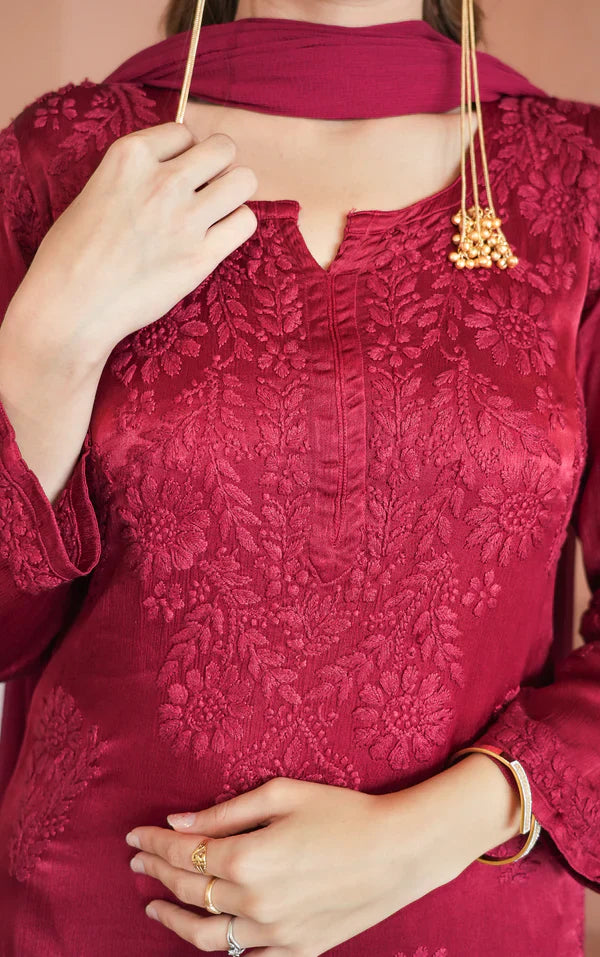 Red chinon chikankari 3 pc set in