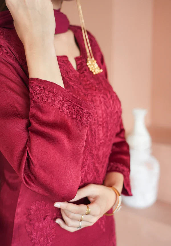 Red chinon chikankari 3 pc set in