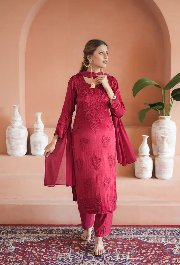 Red chinon chikankari 3 pc set in