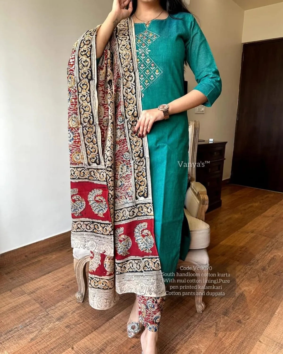 Sea Green slub Embroidery Duppta Set...
