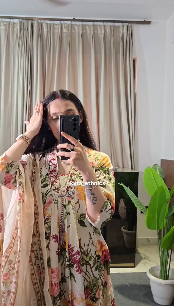 Floral Printed Panelled Gotta Patti Pure Cotton A-Line Kurta With Palazzos