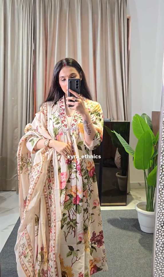 Floral Printed Panelled Gotta Patti Pure Cotton A-Line Kurta With Palazzos