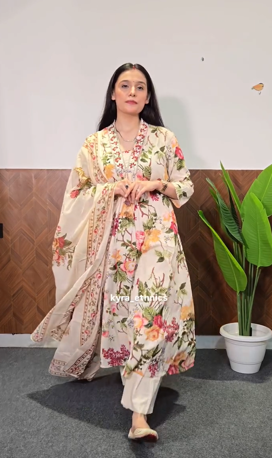 Floral Printed Panelled Gotta Patti Pure Cotton A-Line Kurta With Palazzos