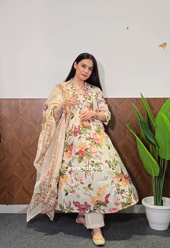 Floral Printed Panelled Gotta Patti Pure Cotton A-Line Kurta With Palazzos