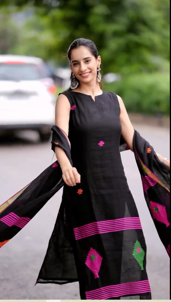 Black Linen Full Kurta Set