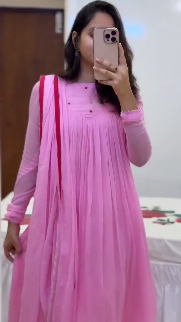 Pink chanderi anarkali with churi sleeves Set of 3