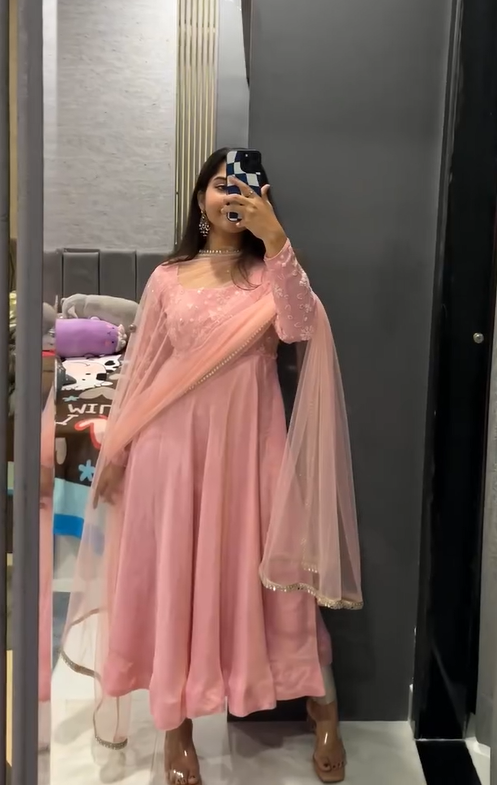 Pink Designer Embroidered Gown with Pant & Dupatta Set