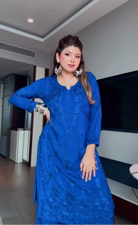 Lucknow Chikankari Hand Embroidered Blue Cotton Kurta