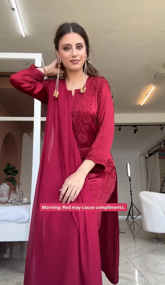 Red chinon chikankari 3 pc set in