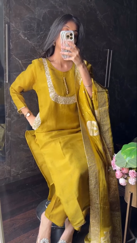 Yellow Colour Shimmer Tissue Dupatta Set