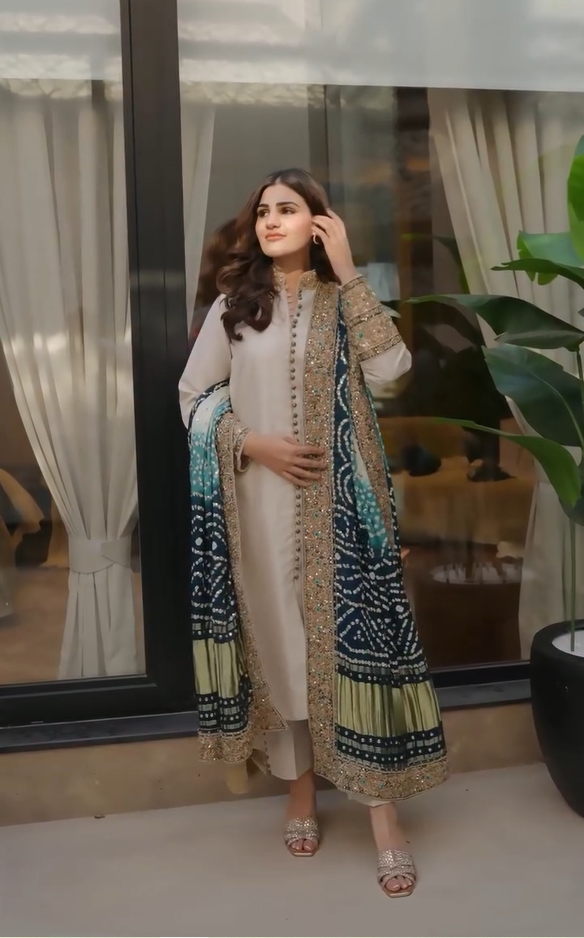 Chunri bandhini with mukaish kamdani work dupatta shalwar.