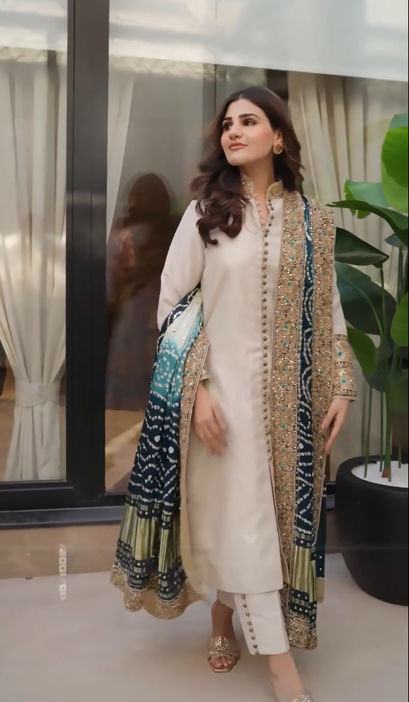 Chunri bandhini with mukaish kamdani work dupatta shalwar.