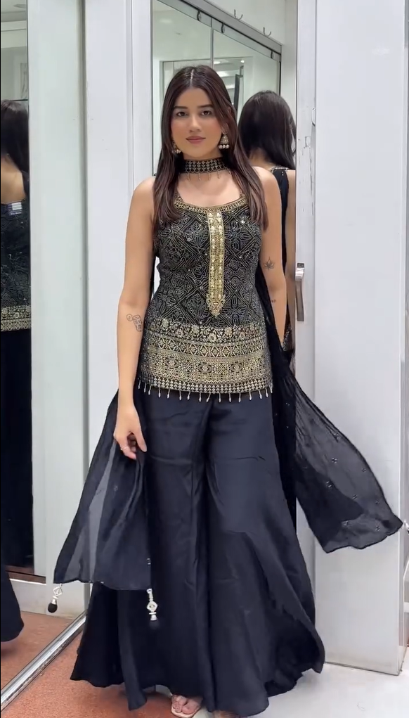 Navy Blue Art Silk Straight Sharara Set