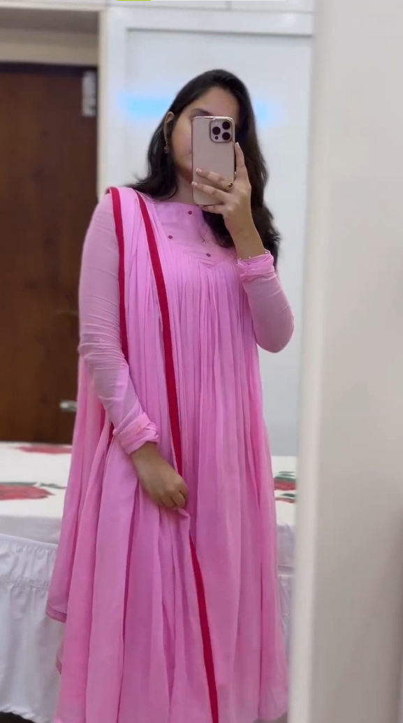 Pink chanderi anarkali with churi sleeves Set of 3